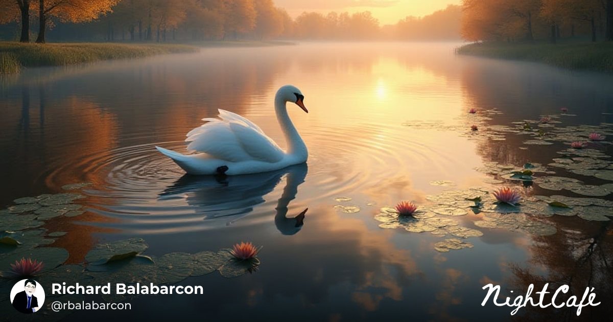 ritzardx's tweet card. Creation: "a serene lake surrounded by autumn trees with a sw..." by Richard Balabarcon