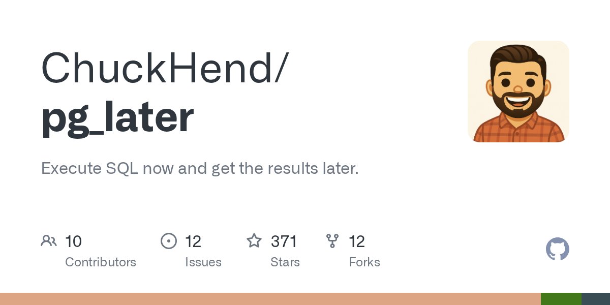 DeryaDorian's tweet card. Execute SQL now and get the results later. Contribute to ChuckHend/pg_later development by creating an account on GitHub.
