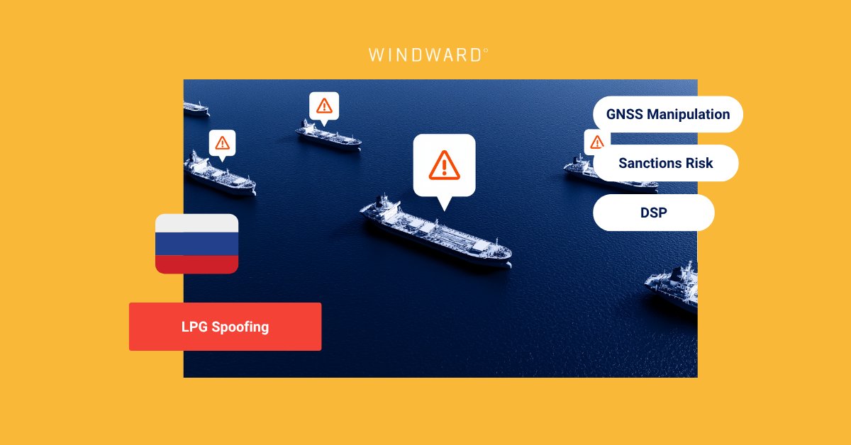 WindwardAI's tweet card. Windward uncovered a Russia-bound LPG tanker spoofing its AIS position for 20 days near Ust-Luga, exposing deceptive tactics used to conceal sanctioned exports.