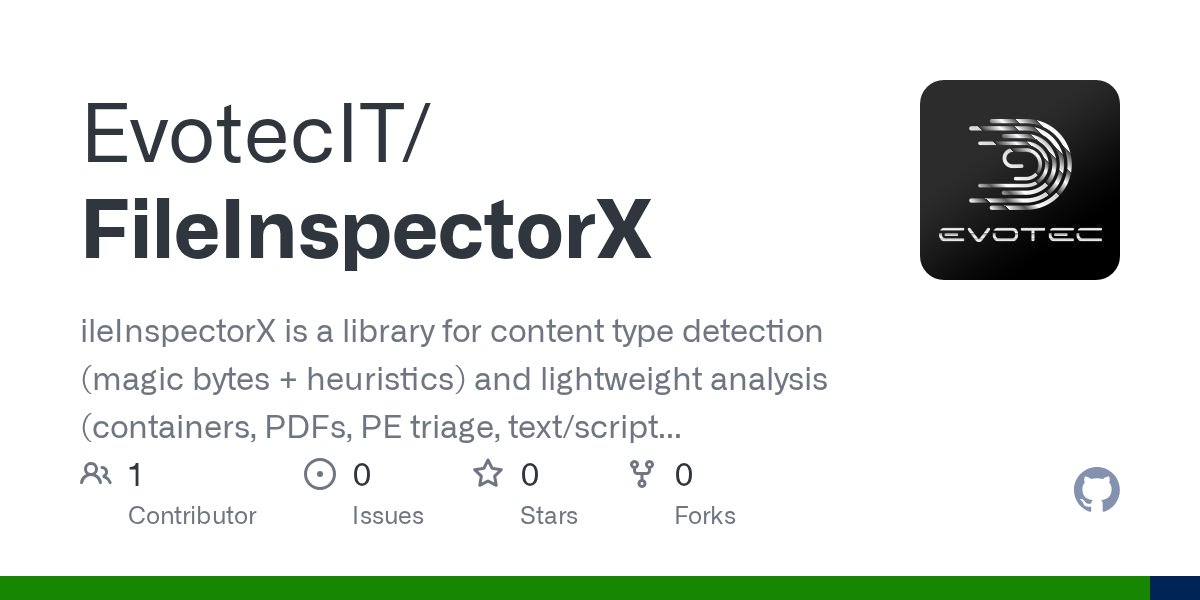 PrzemyslawKlys's tweet card. ileInspectorX is a library for content type detection (magic bytes + heuristics) and lightweight analysis (containers, PDFs, PE triage, text/script cues) across .NET 8, .NET Standard 2.0 and .NET F...