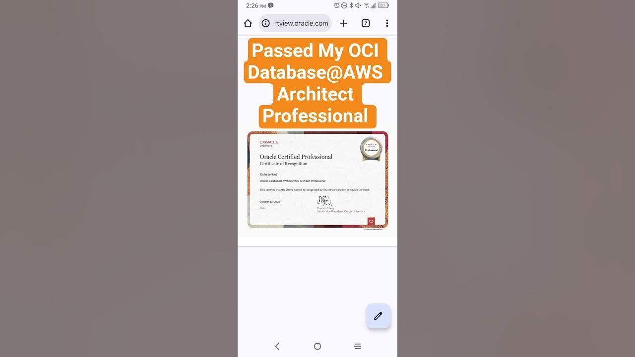 carlarjenkins's tweet card. Passed My OCI Database@AWS Architect Professional Exam
