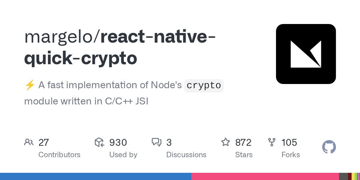mrousavy's tweet card. ⚡️ A fast implementation of Node's `crypto` module written in C/C++ JSI - margelo/react-native-quick-crypto