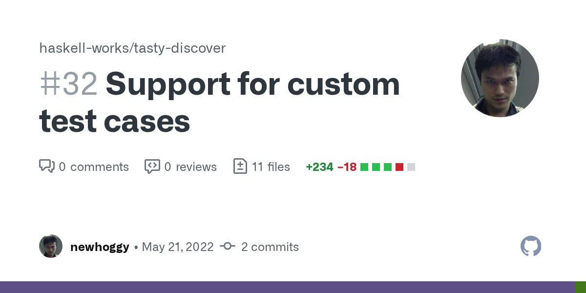 HaskellWorks's tweet card. Introduces a new Tasty type class which can be used to add support for otherwise unsupported test libraries. Such tests are annotated with the tasty_ prefix. This makes it possible for users to d...