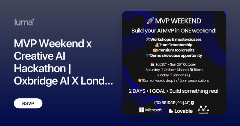 EuroHackathons's tweet card. Build your MVP or create something amazing in AI creative space. Part of our new monthly MVP Weekend series (next one in November!). Two days of building,…