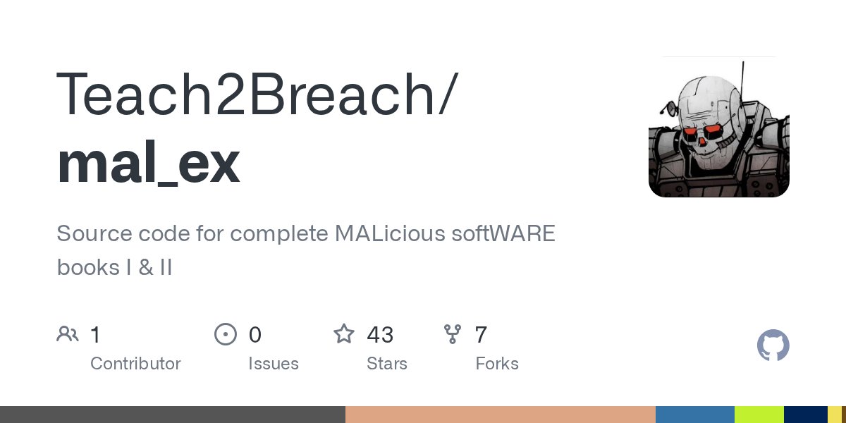Teach2Breach's tweet card. Source code for complete MALicious softWARE books I & II - Teach2Breach/mal_ex