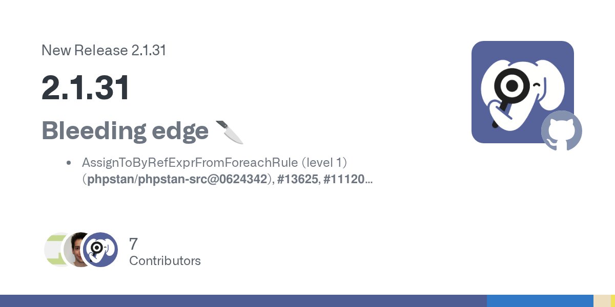 phpstan's tweet card. Bleeding edge 🔪 AssignToByRefExprFromForeachRule (level 1) (phpstan/phpstan-src@0624342), #13625, #11120 Validate curl_setopt_array parameter array (#4395), #13615, thanks @staabm! Restrict accept...