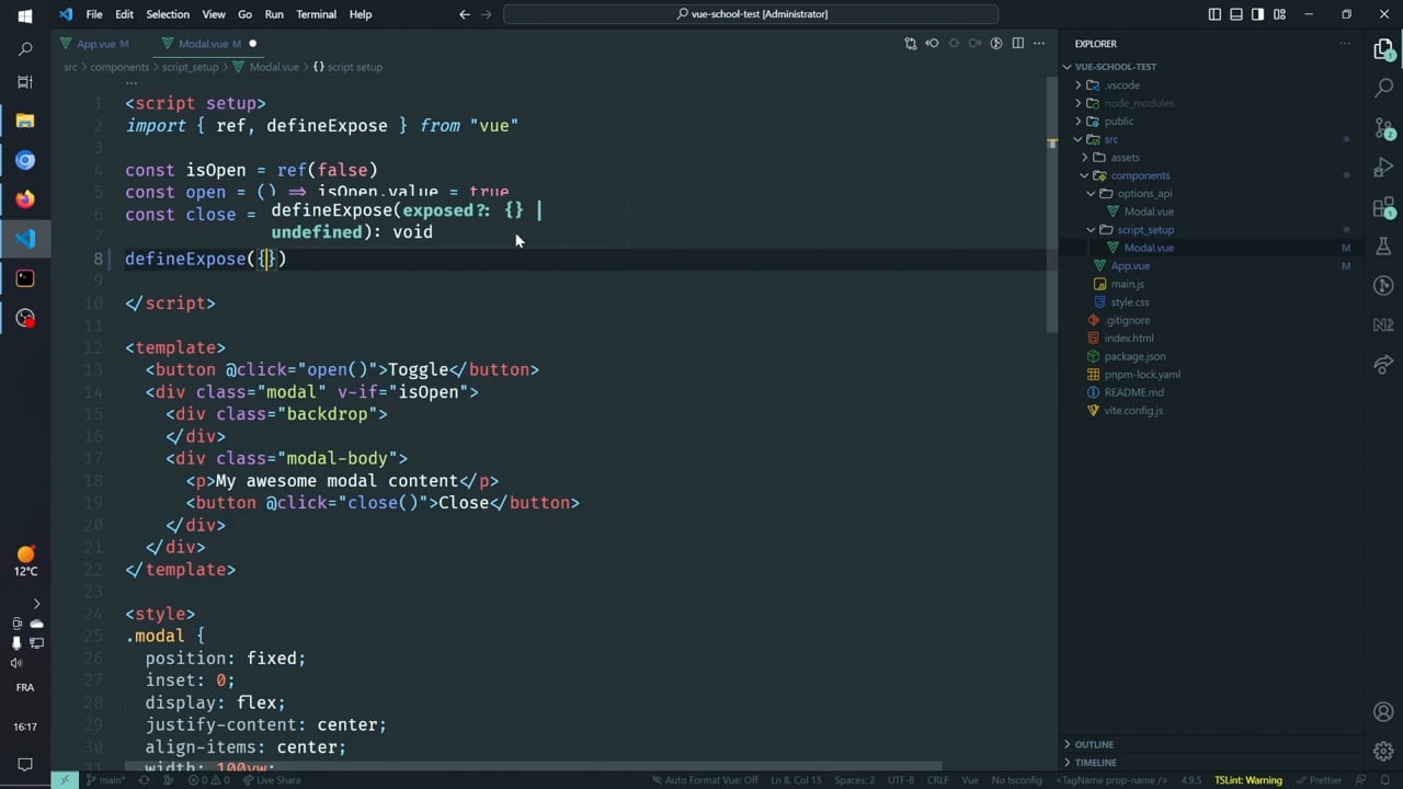 VueSchool_io's tweet card. In this lesson, learn how to expose a component's internal state using the defineExpose method from Vue. This part is going to focus on how to do this using script setup. Links Vue.js Docs - define...
