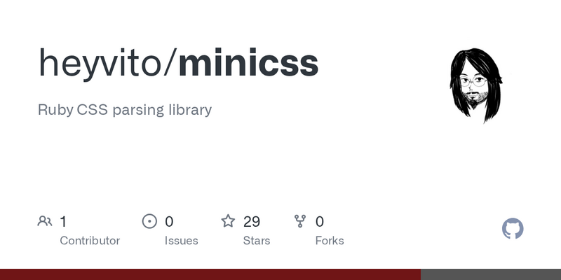 RubyOnRailsBa's tweet card. MiniCSS is a Ruby implementation of the CSS Syntax Level 3 tokenizer, parser, serializer, and selector toolkit. It provides fast, dependency-fre...