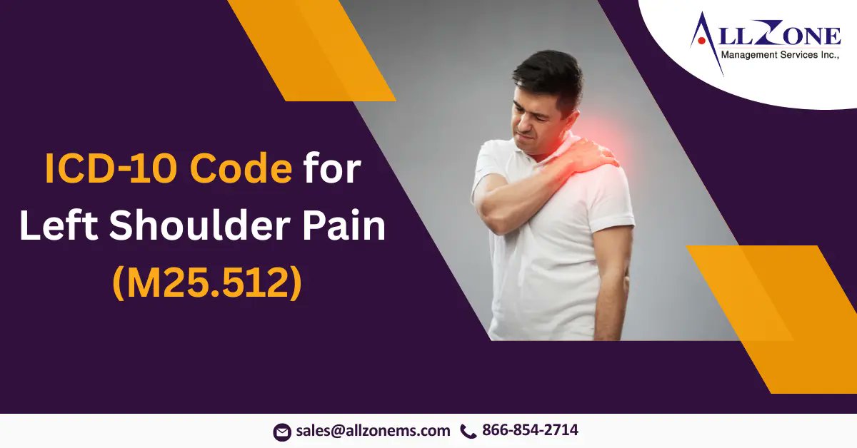 Allzone_Online's tweet card. Uncover the specific ICD-10 code for left shoulder pain (M25.512) and why accurate medical coding is essential.