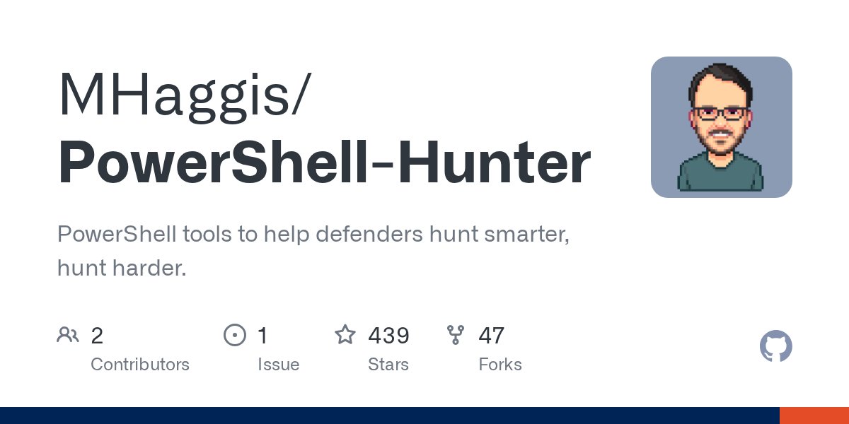netbiosX's tweet card. PowerShell tools to help defenders hunt smarter, hunt harder. - MHaggis/PowerShell-Hunter