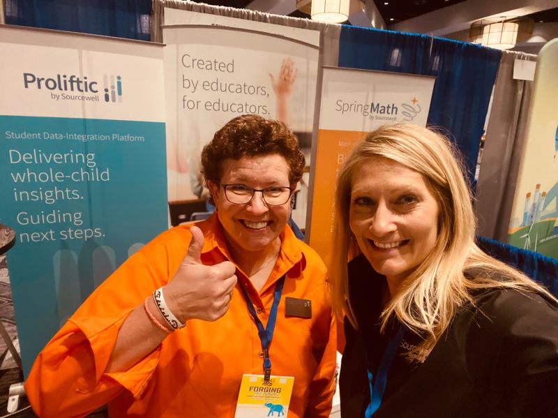 sourcewelltech's tweet card. All set at the #TXASCD! Stop by and relax with a water a charge #SpringMath #SourcewellTechnology and data guru @drdelonnadata