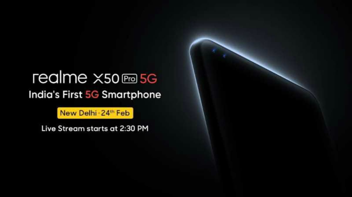 TechGadgetBlog's tweet card. The launch invite notes that the Realme X50 Pro 5G phone will be unveiled in New Delhi, and the event live stream will begin at 2.30pm IST.