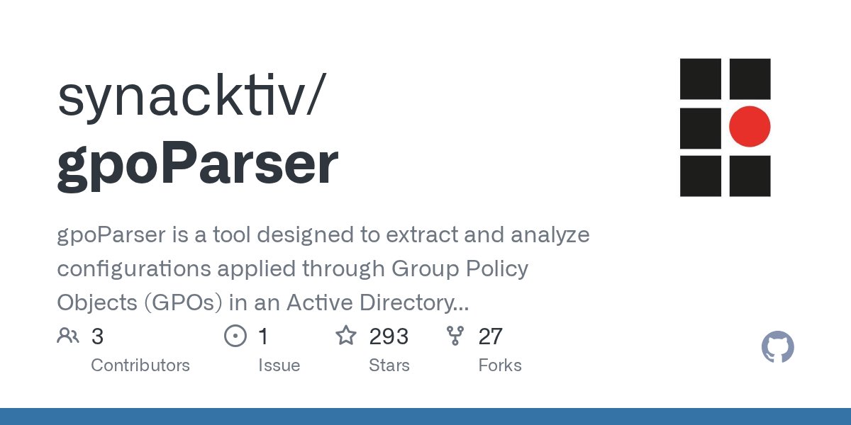 wil_fri3d's tweet card. gpoParser is a tool designed to extract and analyze configurations applied through Group Policy Objects (GPOs) in an Active Directory environment. - synacktiv/gpoParser