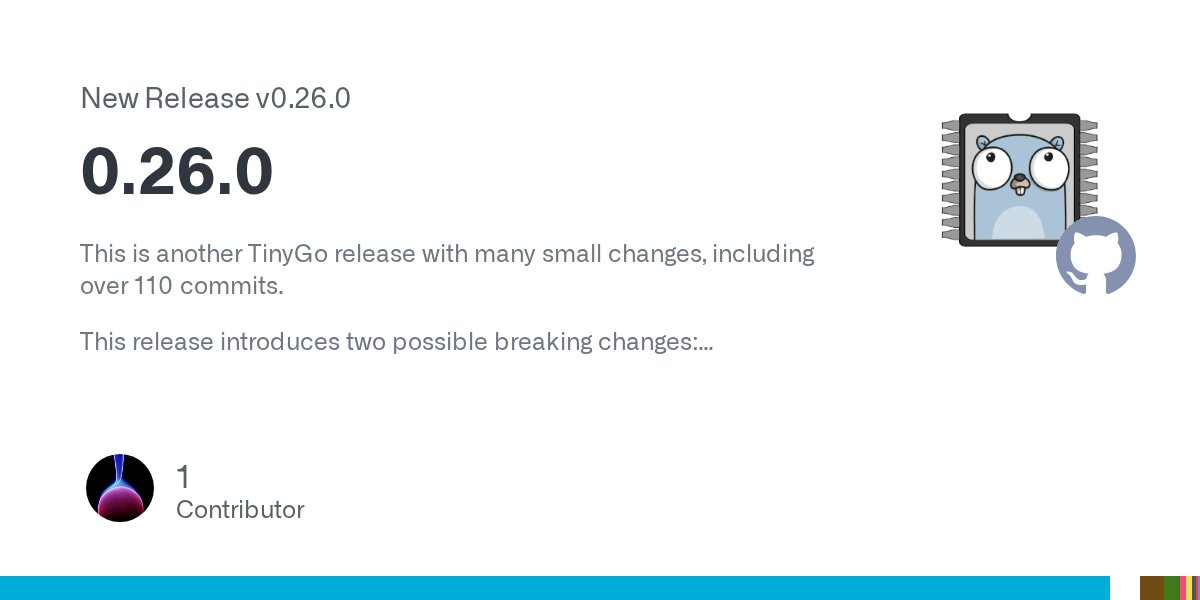 TinyGolang's tweet card. This is another TinyGo release with many small changes, including over 110 commits. This release introduces two possible breaking changes: The machine package has had some changes in the public A...