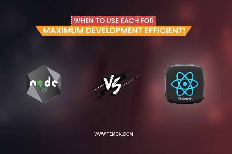temokvoice's tweet card. When comparing Node JS vs React JS, examine their type of uses, team's development, sustainability requirements, and skills.