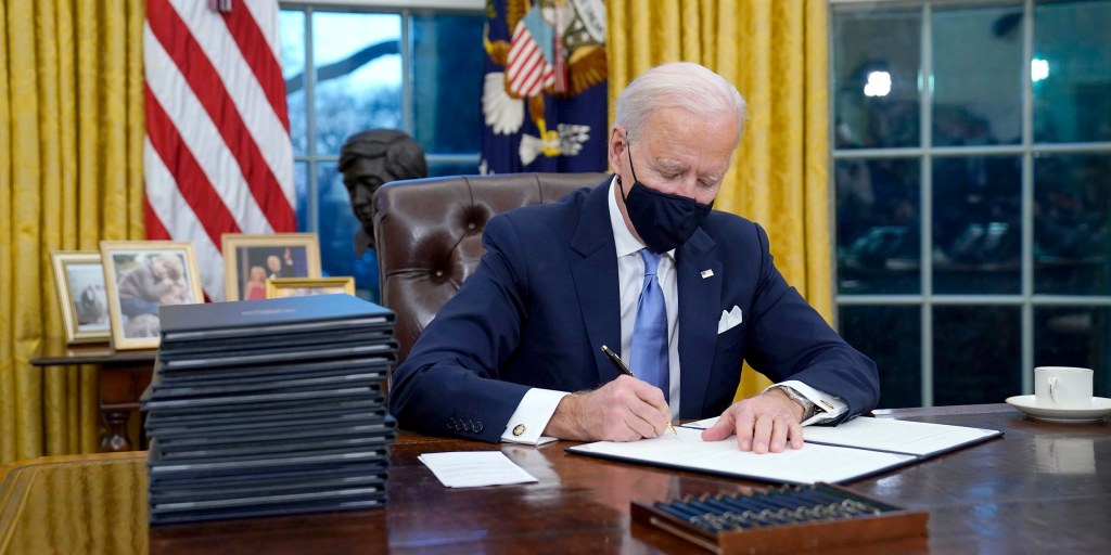 NBCNews's tweet card. Joe Biden signed more than a dozen executive actions Wednesday when he arrived at the White House as the 46th president.