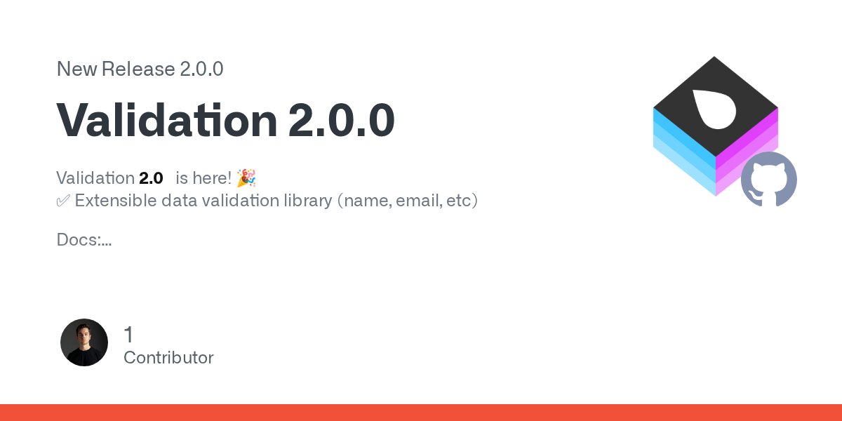codevapor's tweet card. Validation 2.0 is here! 🎉 ✅ Extensible data validation library (name, email, etc) Docs: https://docs.vapor.codes/3.0/validation/getting-started/ API Docs: https://api.vapor.codes/validation/latest...