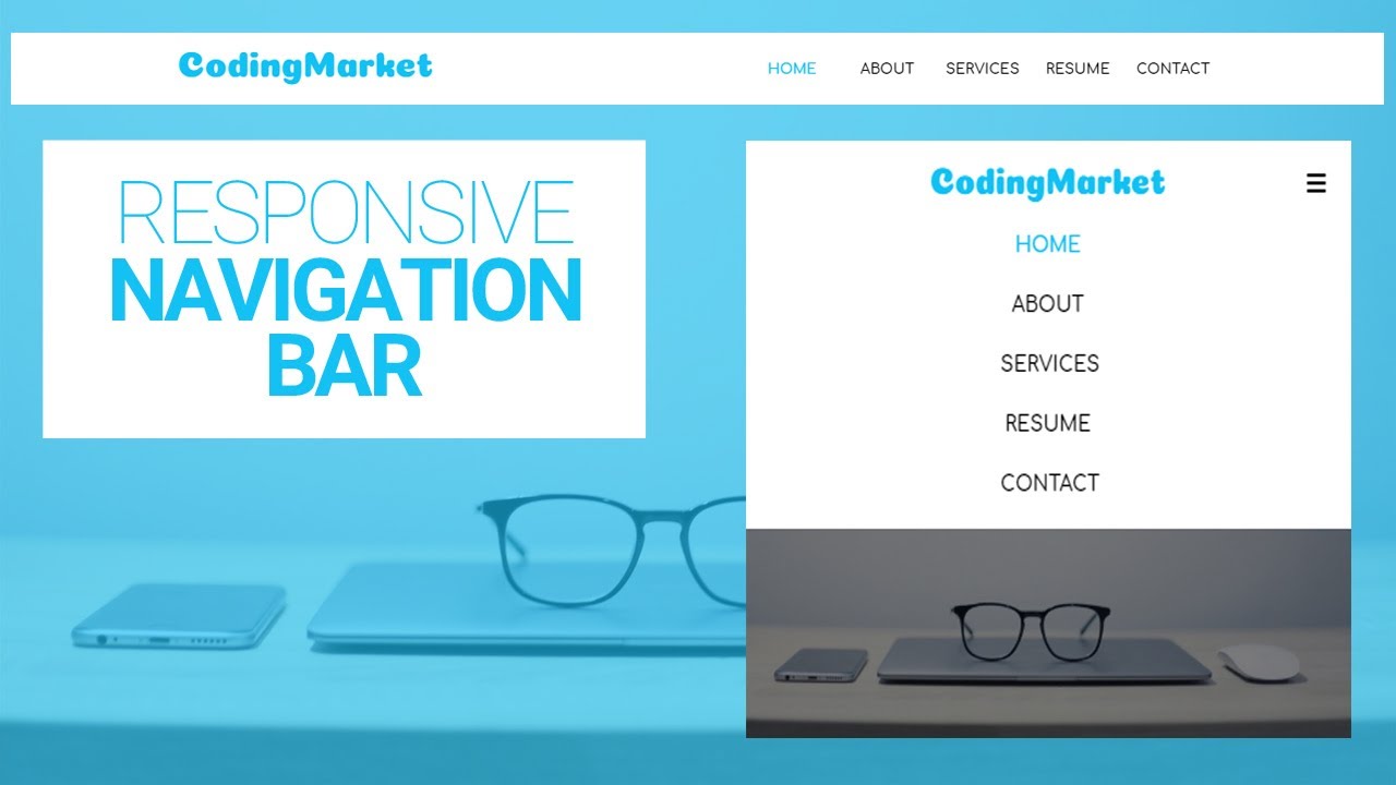 coding_market's tweet card. How to create the Responsive Navigation Bar in html and css