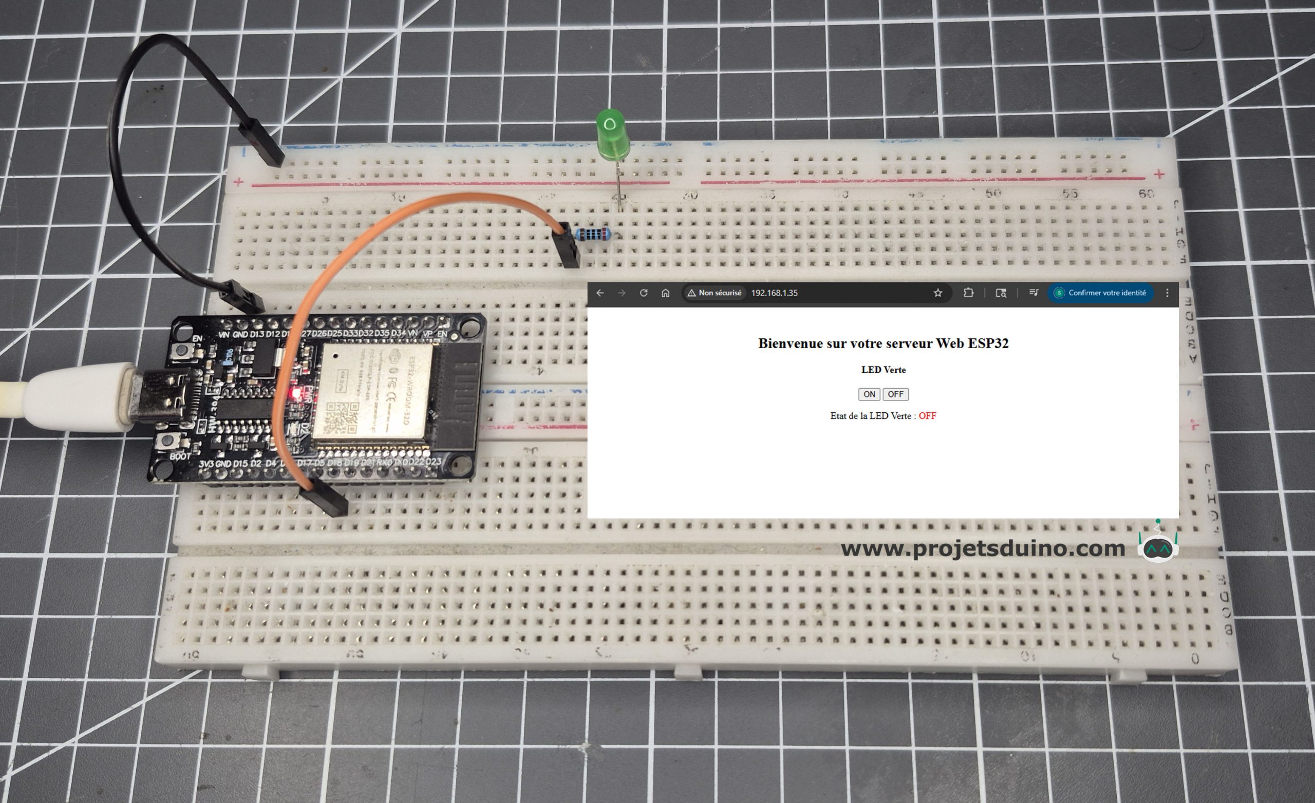 Projetsduino's tweet card. Piloter une LED avec un bouton d'une page internet sur serveur Web ESP32