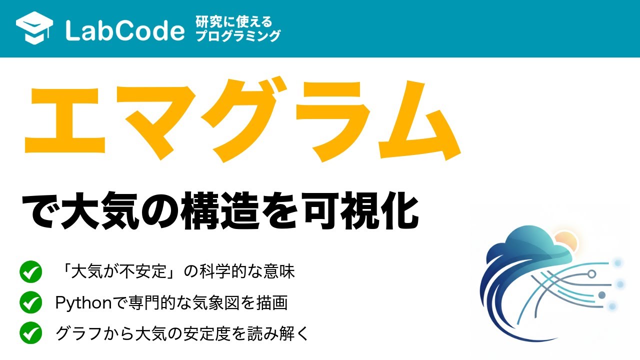 LabCodeBlog's tweet card. 【気象データ解析 #8】エマグラムの作り方と見方を徹底解説！PythonとMetPyで気象データを解析