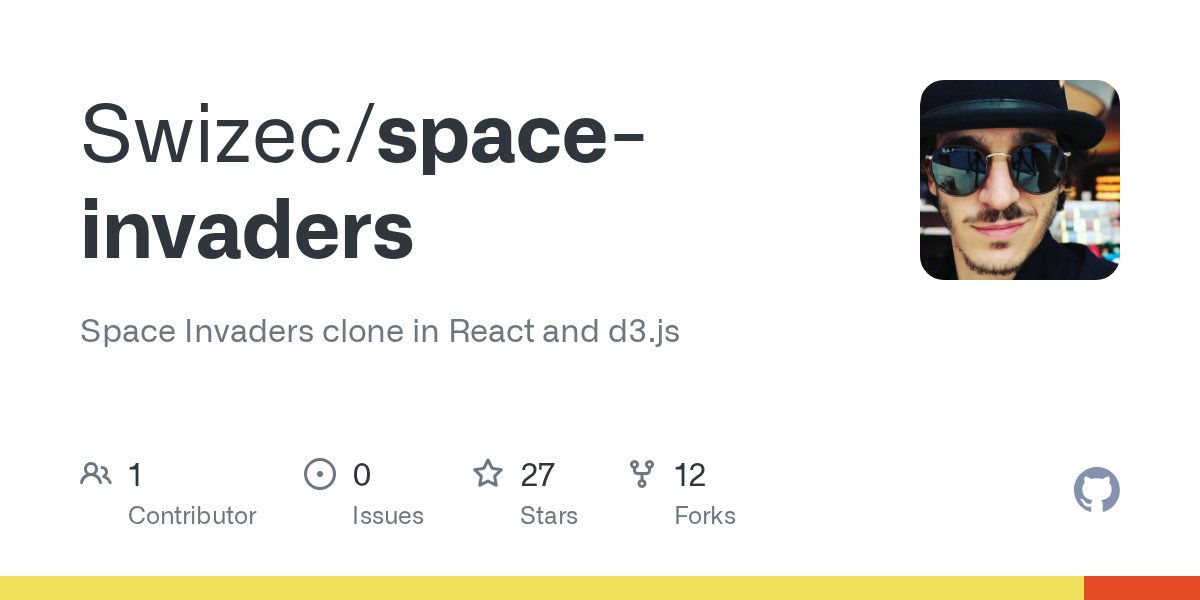 Swizec's tweet card. Space Invaders clone in React and d3.js. Contribute to Swizec/space-invaders development by creating an account on GitHub.