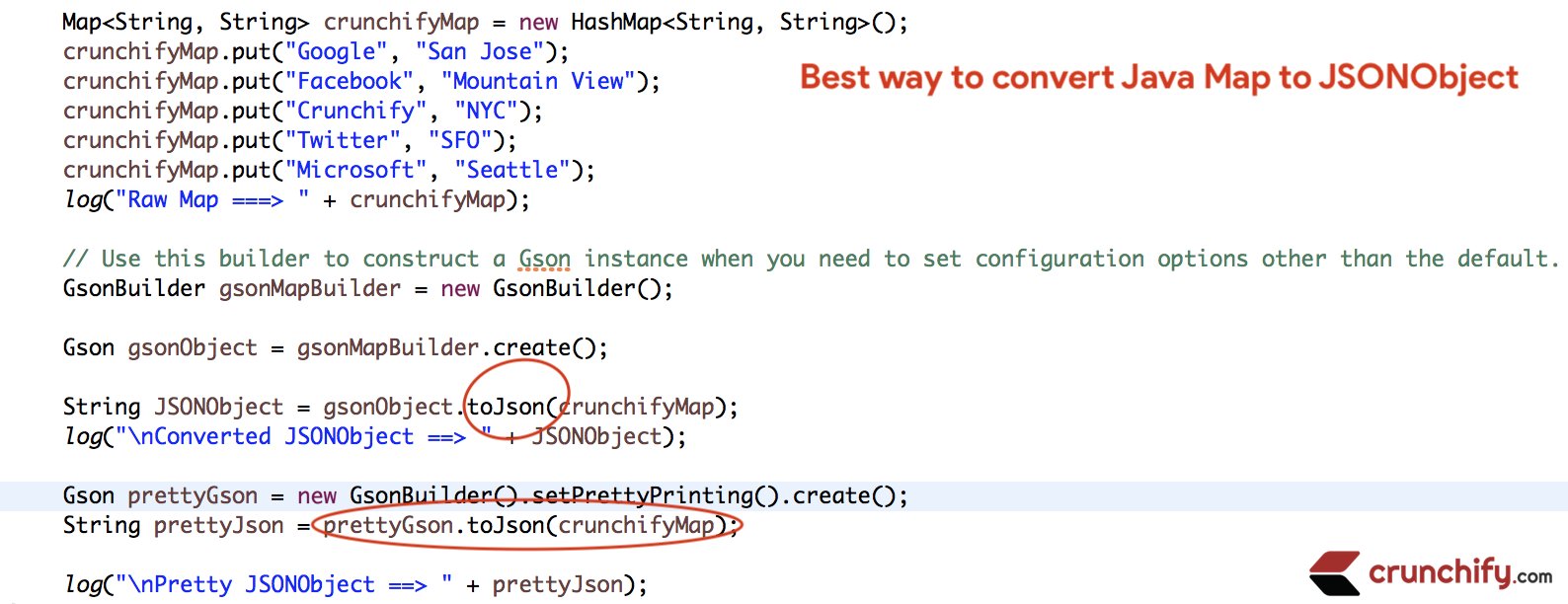 Crunchify's tweet card. Converting Objects from one form to another is a common request. There are 4 different ways to convert Java Map/HashMap to JSONObject. We will go over