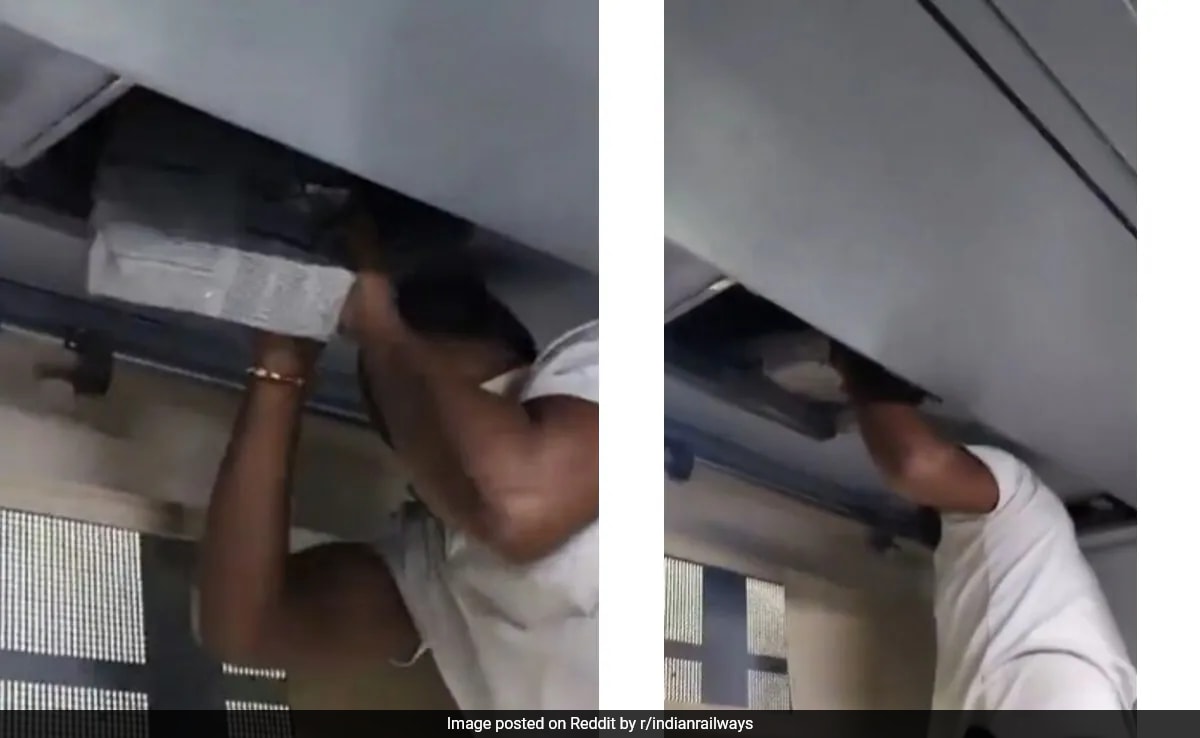 iMac_too's tweet card. A video from the train coach showed a technician retrieving multiple packages from the ductwork.