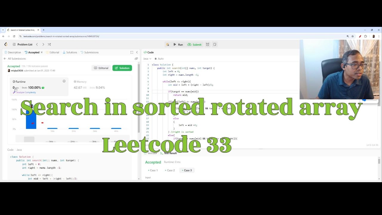 miqbal3636's tweet card. Search in sorted rotated array - Leetcode 33 - Modified Binary Search...