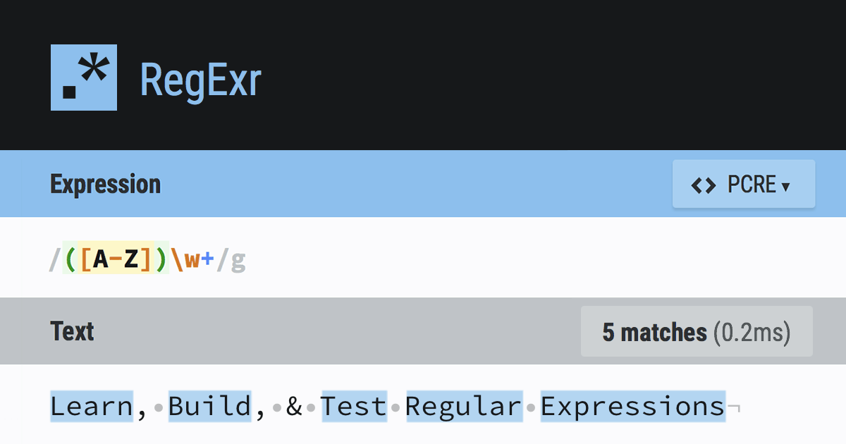 pyrasis's tweet card. RegExr is an online tool to learn, build, & test Regular Expressions (RegEx / RegExp).