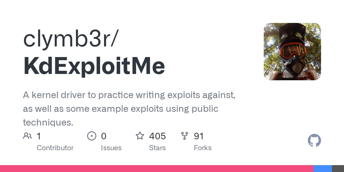 JosephBialek's tweet card. A kernel driver to practice writing exploits against, as well as some example exploits using public techniques. - clymb3r/KdExploitMe