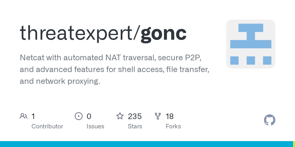golangch's tweet card. Netcat with automated NAT traversal, secure P2P, and advanced features for shell access, file transfer, and network proxying. - threatexpert/gonc