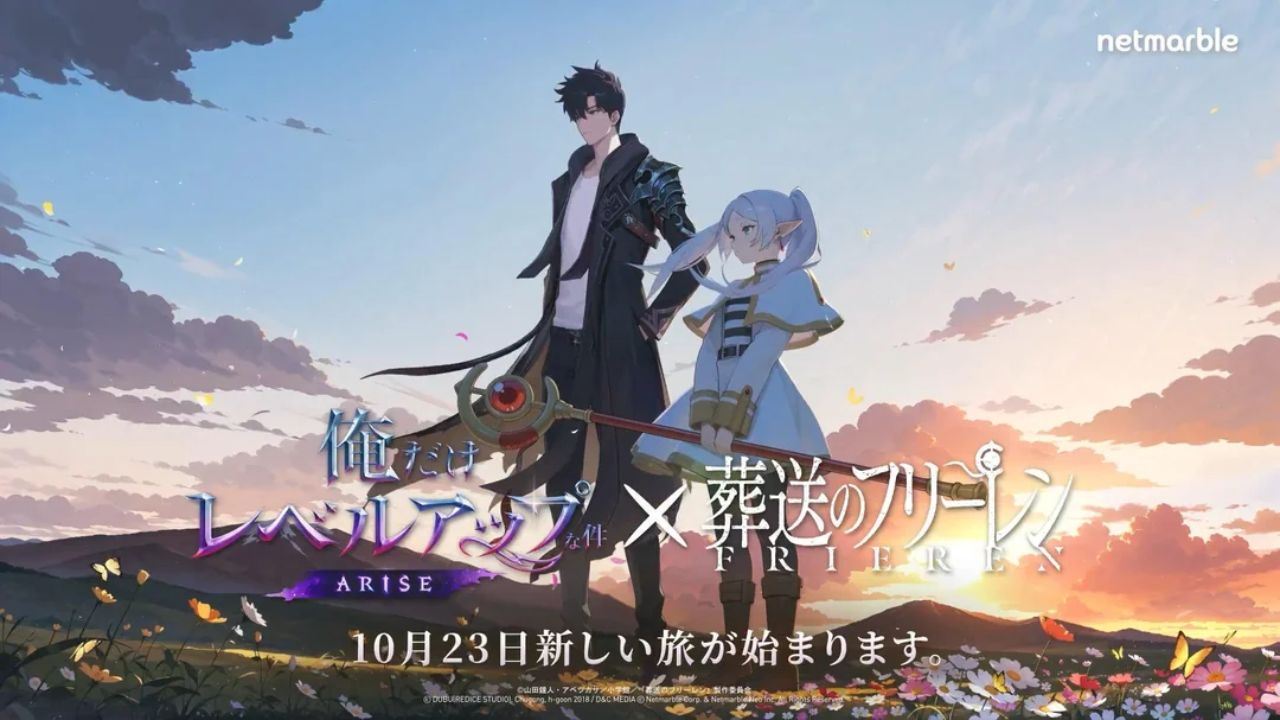 TechLatestOff's tweet card. The Solo Leveling Frieren crossover brings Frieren, Fern, and Stark into Solo Leveling: Arise on October 23, turning a once-intense rivalry into a shared celebration among anime fans.
