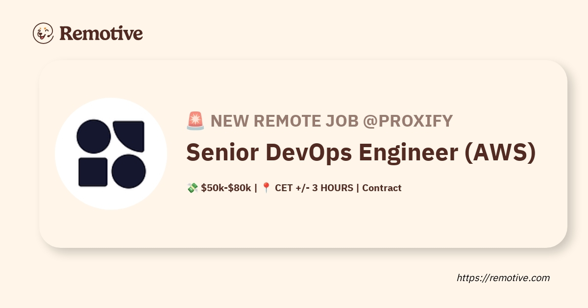 remotiveio's tweet card. Oct 18, 2025 - Proxify is hiring a remote Senior DevOps Engineer (AWS). 💸 Salary: $50k-$80k. 📍Location: CET +/- 3 HOURS.