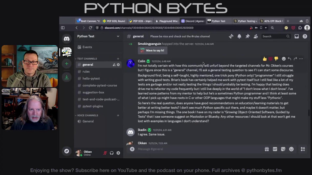 pythonbytes's tweet card. News and announcements from the Python community for the week of Nov 25th, 2024