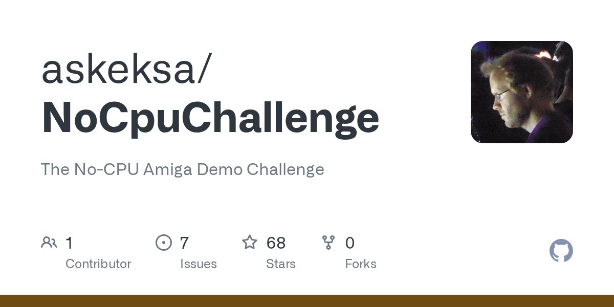 vphub819's tweet card. The No-CPU Amiga Demo Challenge. Contribute to askeksa/NoCpuChallenge development by creating an account on GitHub.