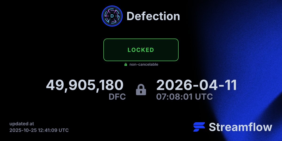Defection_ai's tweet card. Streamflow is the leading multi-chain asset streaming protocol specializing in token vesting and treasury management solutions.