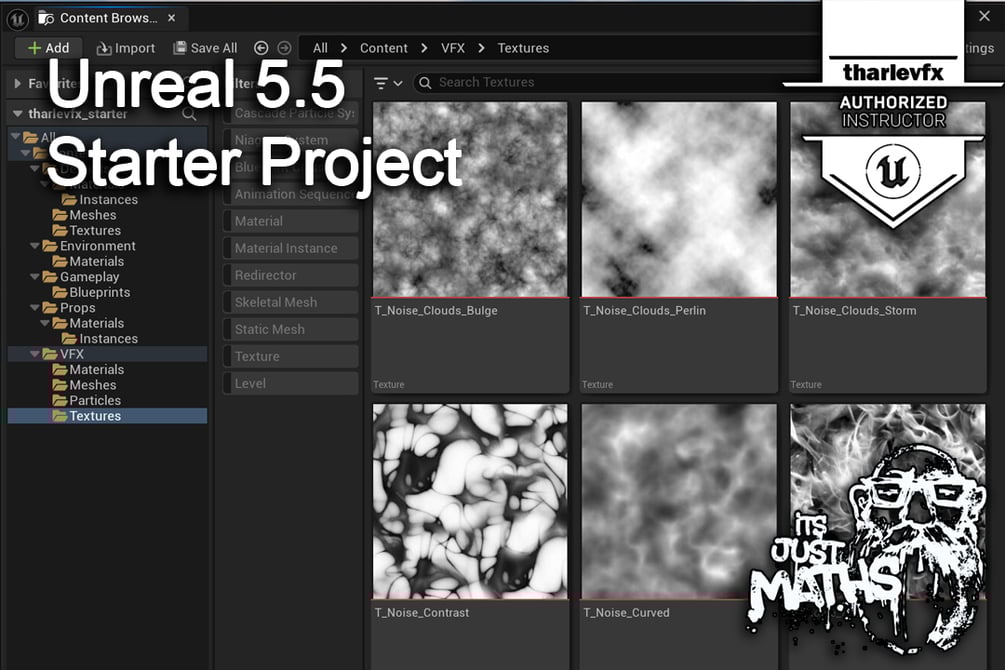 tharlevfx's tweet card. A Custom Starter Project for Unreal 5.5 - with well arranged folders, well laid out default material graphs and a few default textures.Video breakdown of the the content here: https://youtu.be/dVkG...