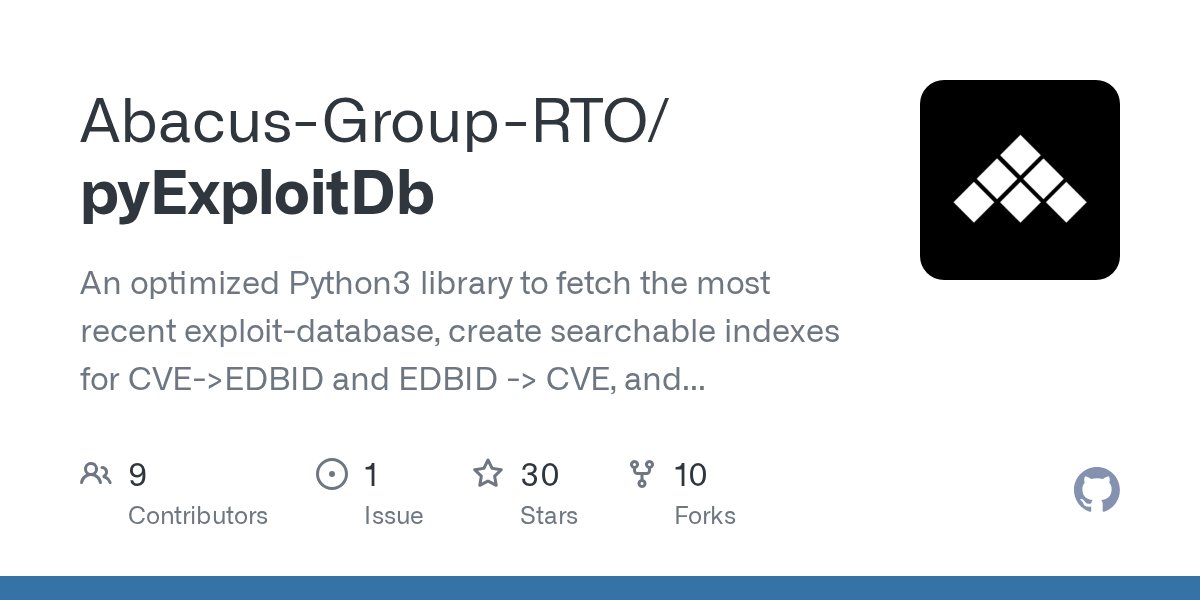 ArchurCl4w's tweet card. An optimized Python3 library to fetch the most recent exploit-database, create searchable indexes for CVE->EDBID and EDBID -> CVE, and provide methods to perform searches. - Abacus-Gr...