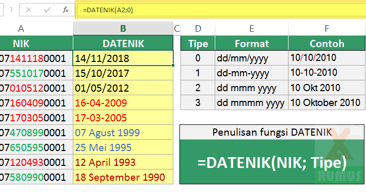 RumusExcel's tweet card. Cara membuat Fungsi DATENIK untuk membuat Tanggal Lahir dari NIK, fungsi excel yang dapat digunakan untuk mengambil atau mempilkan tanggal lahir berdasarkan data NIK