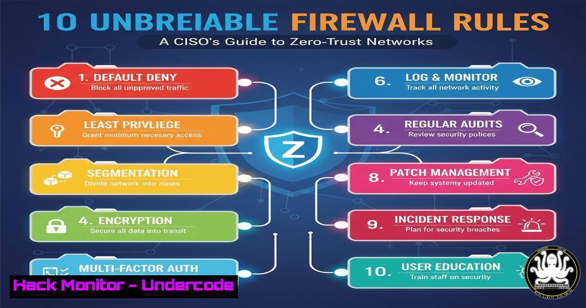 UndercodeUpdate's tweet card. The 10 Unbreakable Firewall Rules: A CISO's Guide to Zero-Trust Networks - "Undercode Testing": Monitor hackers like a pro. Get real-time updates, AI-powered