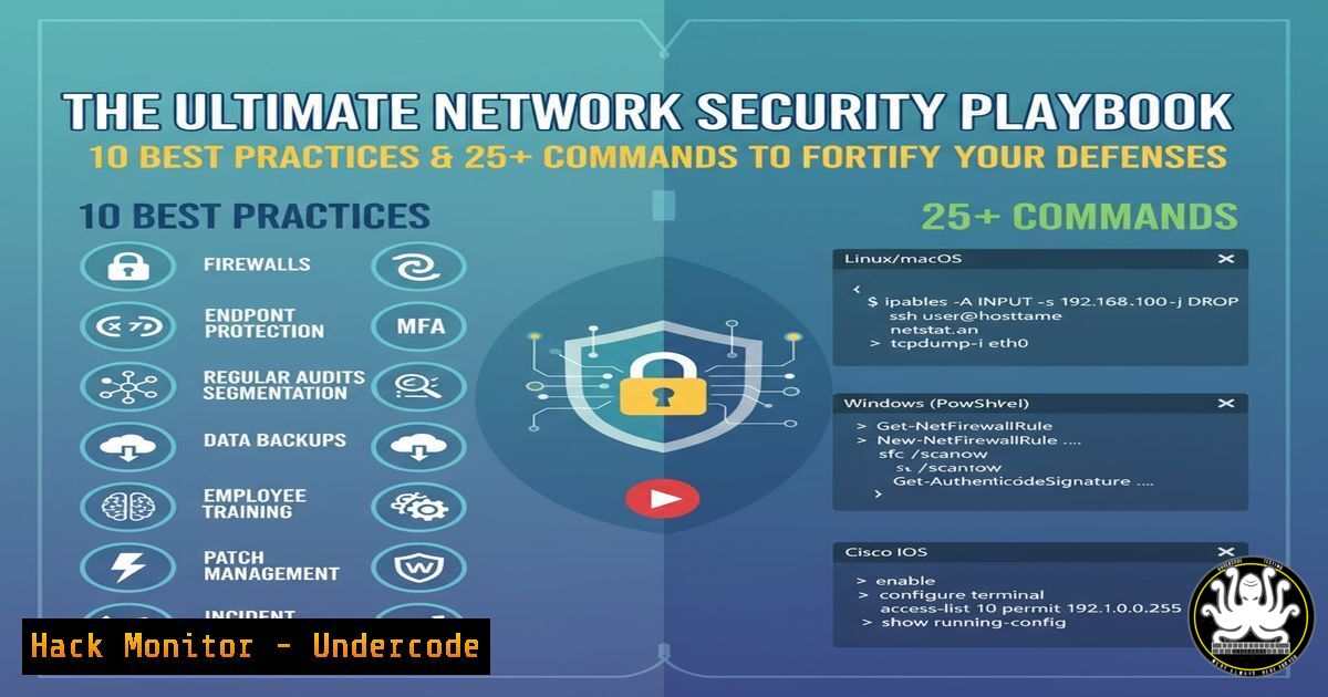 UndercodeUpdate's tweet card. The Ultimate Network Security Playbook: 10 Best Practices and 25+ Commands to Fortify Your Defenses - "Undercode Testing": Monitor hackers like a pro. Get