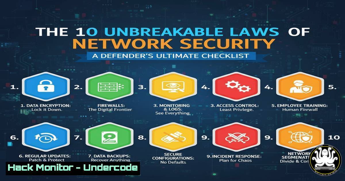 UndercodeUpdate's tweet card. The 10 Unbreakable Laws of Network Security: A Defender's Ultimate Checklist - "Undercode Testing": Monitor hackers like a pro. Get real-time updates,