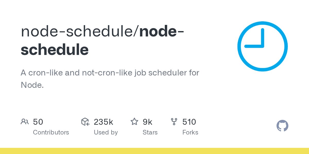 JavaScript7500's tweet card. A cron-like and not-cron-like job scheduler for Node. - node-schedule/node-schedule