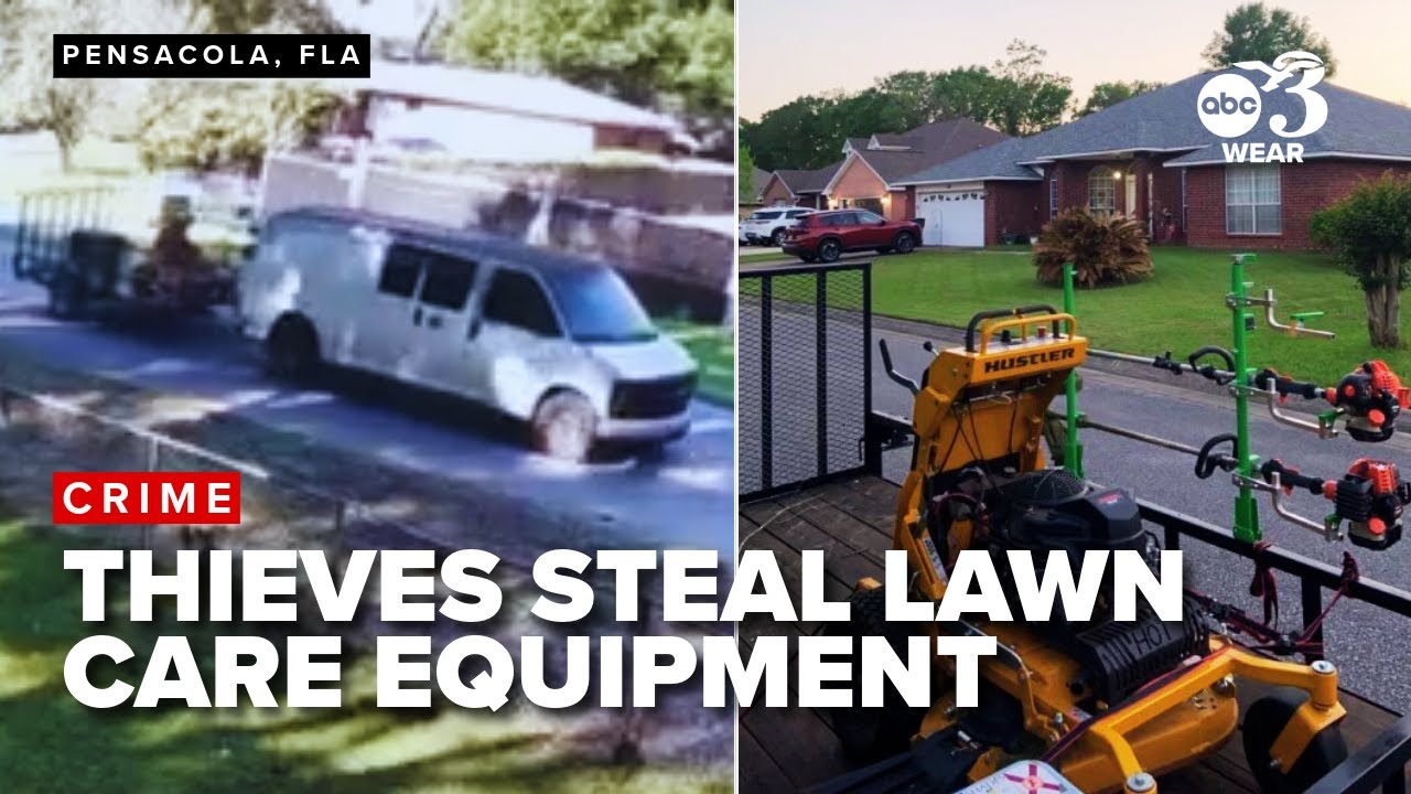 TrackemGPS's tweet card. Video shows thieves make off with $10,000 of lawn care equipment in...