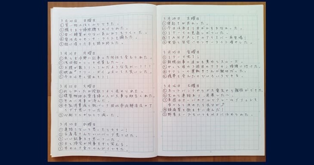 study_hacker's tweet card. 寝る前の15分でポジティブ思考に変わる！方眼ノートに書く5つの良いことが、心を安らげ翌日のパフォーマンスを向上させます。科学的根拠を交えた詳細なガイドを紹介。