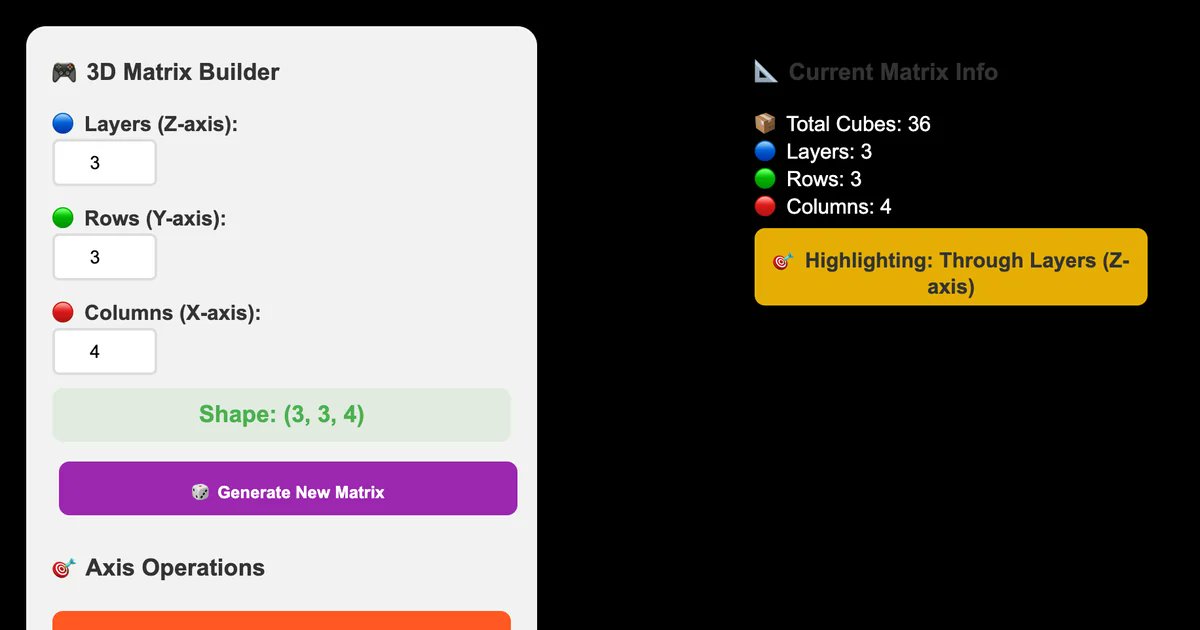 codevlogger's tweet card. True 3D Matrix Axis Explorer - interactive HTML page created with Claude.