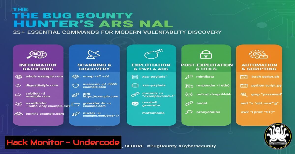UndercodeUpdate's tweet card. The Bug Bounty Hunter's Arsenal: 25+ Essential Commands for Modern Vulnerability Discovery - "Undercode Testing": Monitor hackers like a pro. Get real-time
