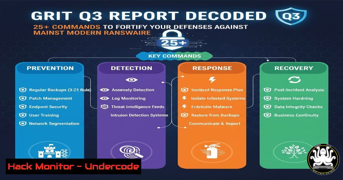 UndercodeUpdate's tweet card. The GRIT Q3 Report Decoded: 25+ Commands to Fortify Your Defenses Against Modern Ransomware - "Undercode Testing": Monitor hackers like a pro. Get real-time