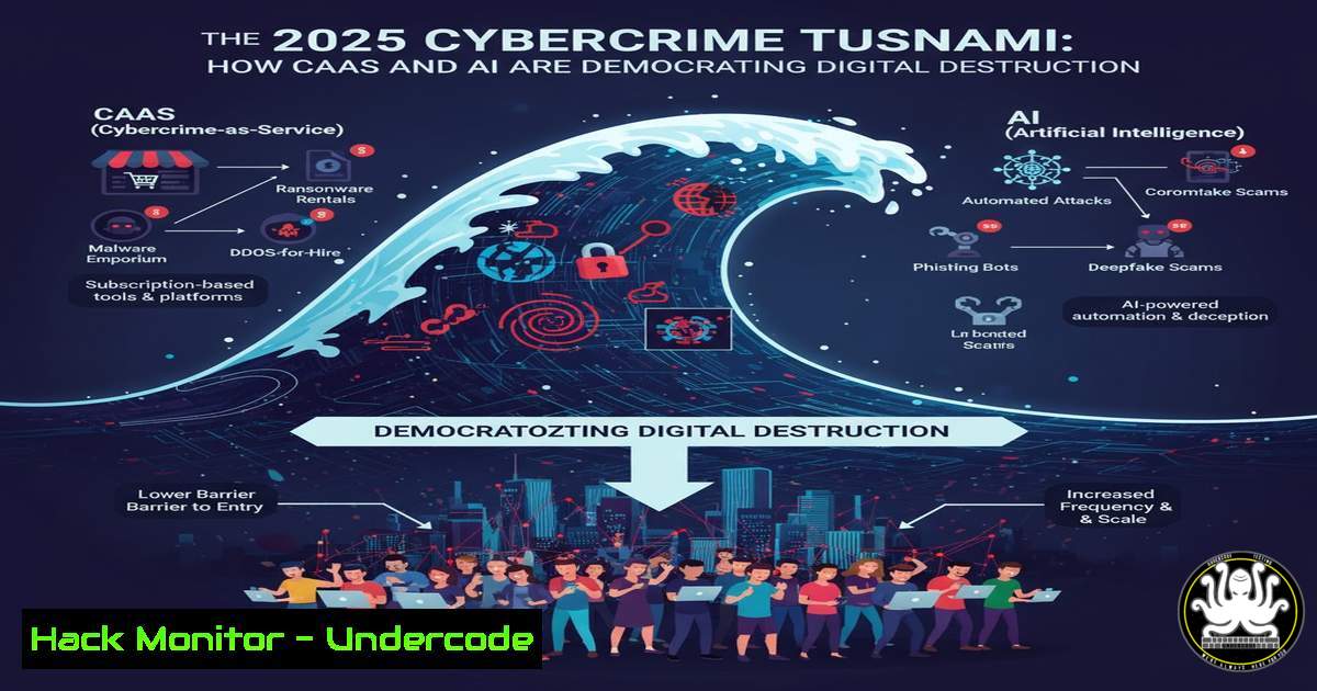 UndercodeUpdate's tweet card. The 2025 Cybercrime Tsunami: How CaaS and AI Are Democratizing Digital Destruction - "Undercode Testing": Monitor hackers like a pro. Get real-time updates,
