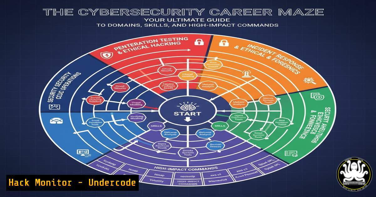 UndercodeUpdate's tweet card. The Cybersecurity Career Maze: Your Ultimate Guide to Domains, Skills, and High-Impact Commands - "Undercode Testing": Monitor hackers like a pro. Get